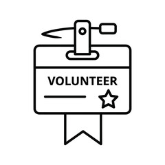 Line icon of a volunteer identification badge with a clip, star, and ribbon detail, isolated on