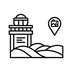Observatory building on rolling hills with a location pin and camera icon, symbolizing travel photography and landmarks