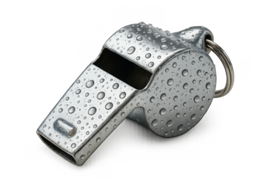 Metal sports whistle covered with water drops, a signal for attention, ending games, or starting drills with transparent background