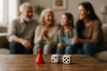 Multi Generation Family Playing Board Game With Red Pawn And Dice