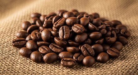 Fototapeta premium Rich roasted coffee beans on burlap sacking surface for a tasty caffeine