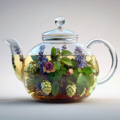 Botanical Infusion In A Clear Glass Teapot With Hops And Flowers