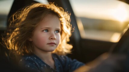 92Interior of sunlit car with a lonely child gazing outward, heat and reflections creating emotional, cinematic tone highlighting the theme of child safety