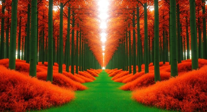 Vibrant autumn forest path beckons with glowing light and lush greenery