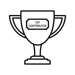 Simple black and white line art icon of a trophy cup labeled top contributor isolated on