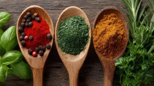 An appetizing overhead shot displays an array of vibrant culinary seasonings and aromatic fresh and dried herbs elegantly arranged in rustic wooden spoons on a textured wooden background. The scene fe