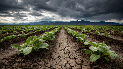 Young crops growing in cracked dry field under stormy sky