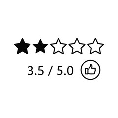 Line art icon of a 35 out of 5 star rating with a thumbsup symbol, review, isolated on white