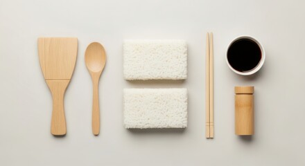 Obraz premium Japanese cooking utensils and ingredients laid out flat