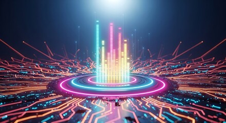 Dynamic neon equalizer pulsing with energy across a modern circuit board