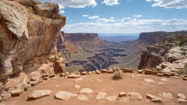 An awe-inspiring wide shot captures a majestic desert canyon landscape, with ancient stone structures or ruins in the foreground offering a historical viewpoint. The rugged terrain unfolds into an exp