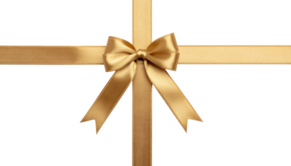 A golden satin ribbon bow centered on intersecting ribbons, all against a white background, decorative presentation, product shot isolated