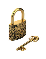 Golden padlock with intricate floral design and matching key lying beside it, isolated on white background, ready for compositing