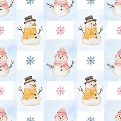 Seamless watercolor pattern with cute snowmen in pink and yellow scarves and hats, surrounded by delicate snowflakes on white. Soft festive mood. Perfect for Christmas cards, wrapping paper, textile.