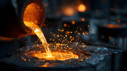 Pouring molten metal creating fiery sparks in foundry