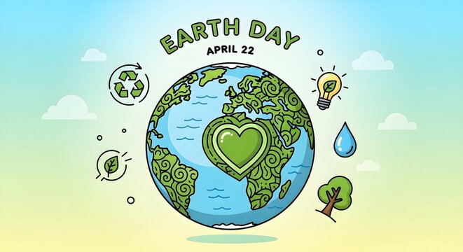 Earth Day: Globe art celebrates sustainability. Green heart shows love for the Earth. Poster, branding, social media. - Powered by Adobe