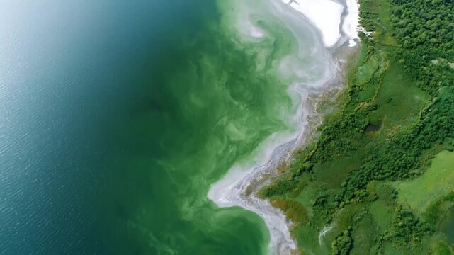 An breathtaking aerial drone shot provides a unique top-down perspective of a vibrant natural landscape. The scene beautifully captures the intricate interface between a serene body of water and a lus
