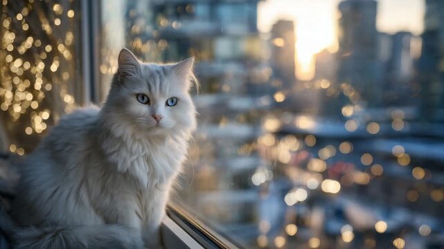 135Soft-focus photo of a white cat leaning forward on a windowsill, glowing sunset sky behind glass, tiny reflections of city lights and moving cars twinkling around