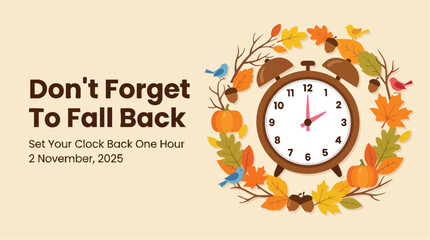 Fall Back Daylight Saving Time Ends with Autumn Clock Illustration.