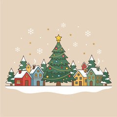 Naklejka premium Festive cartoon illustration of a snowy Christmas village.