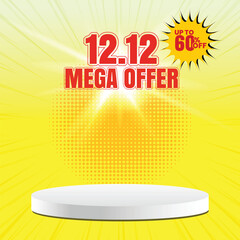 12.12 Super Sale Banner Up to 60% Offer End of Year Discount Template with Podium.
Mid Month Shopping Day Illustration Template with 3d text effect. Special Offer Coupon,
60% Offer, 70% Offer, Voucher