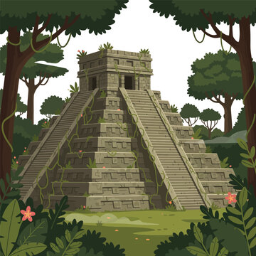 Ancient Mayan stone pyramid temple ruins in lush green jungle forest with vines and flowers showing historic civilization architecture and archeology landmark culture.