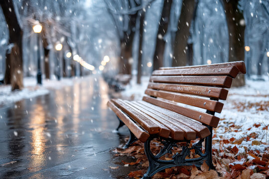 Snowy park bench with blurred background lights