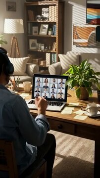 Engaging in a Virtual Meeting: A Person Dedicating Focused Attention to a Laptop Displaying Multiple Participants in a Bright, Cozy Living Room Setting