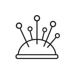 Fine line pin cushion icon with pins, minimalist black outline style, ideal for tailoring tools, fashion studio visuals and sewing accessory design resources