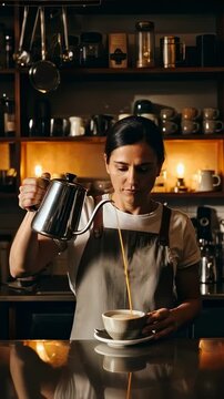 A skilled barista expertly pouring coffee from a kettle into a cup in a warmly lit caf&eacute;, showcasing the art of coffee preparation and passion for brewing.