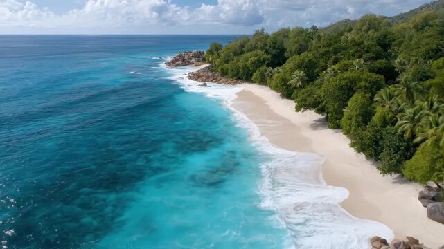 An breathtaking aerial view showcases a pristine tropical coastline, where vibrant turquoise waters meet a stretch of powdery white sand. Gentle ocean waves roll in, creating foamy white caps as they 