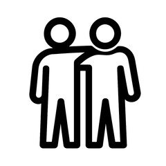 Friendship support icon in black outline style, showing two people with arm around shoulder, ideal for community platforms, social connection tools and human relationship visuals