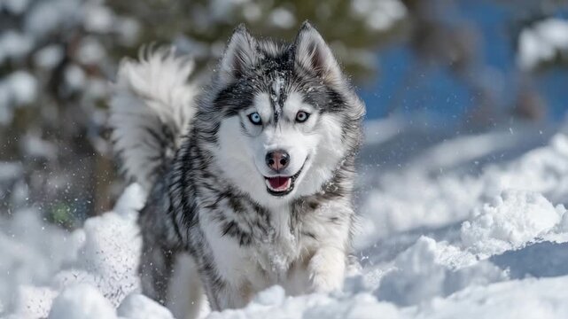 157Majestic Siberian Husky sprinting through freshly fallen snow in an urban park, blue eyes gleaming, grey-and-white fur flowing in motion, snowflakes sparkling in soft sunlight