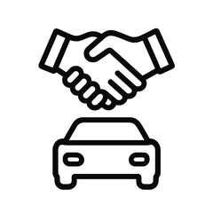 Car deal handshake icon in black outline style, representing finalized purchase or agreement, ideal for dealership platforms, business contracts and automotive commerce visuals