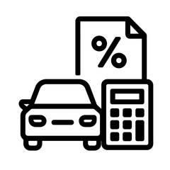 Fototapeta premium Car financing icon in black outline style, showing calculator and percentage document beside vehicle, ideal for dealership platforms, loan simulation tools and auto purchase planning
