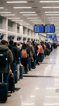 Long Queue of Travelers at Airport Check-In: A Snapshot of Modern Travel Challenges and Passenger Experiences in a Busy Terminal