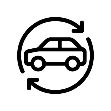 Car trade-in icon in black outline style, showing circular arrow around vehicle, ideal for dealership offers, upgrade programs and automotive resale strategies