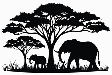elephants under tree black and white silhouette © Pinak