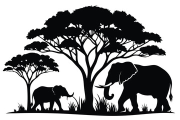 elephants under tree black and white silhouette © Pinak