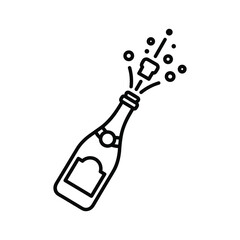 Outline icon of a champagne bottle popping cork with bubbles splashing out, isolated on