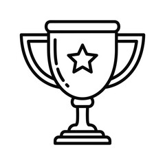 Simple black and white line icon of a trophy cup with a star symbol, isolated on