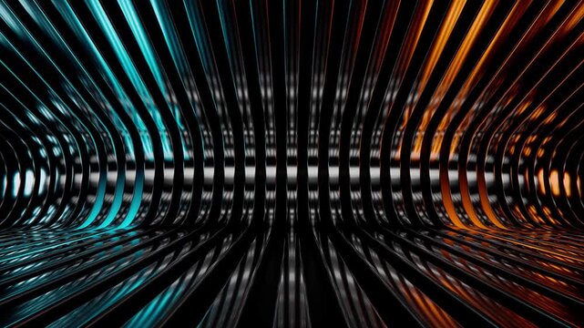 Evenly spaced curved high-gloss metal ribs with amber and cyan streeams of light running from the bottom to the top in loop. Symmetrical pattern with cold and warm lights with futurist aesthetics
