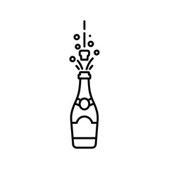 Simple black and white line art icon of a champagne bottle popping its cork with bubbles exploding upwards, isolated on