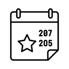 Black and white line icon of a calendar page showing a star and numbers 207 and 205, isolated on