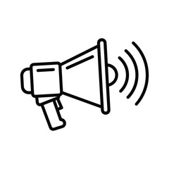 Simple black and white line art icon of a megaphone broadcasting sound waves, isolated on