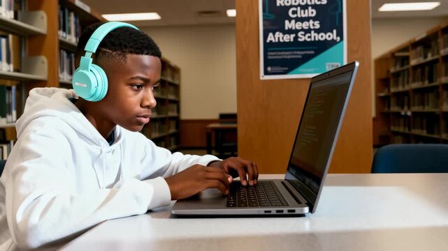 Young Black student coding on a laptop in a school library. Boy wearing headphones typing computer code with a Robotics Club poster in the background. STEM education concept