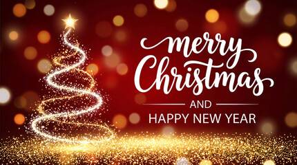 sparkling gold and silver lights xmas tree Merry Christmas and Happy New Year greeting message on red background,snow flakes,bright lights decoration.Elegant holiday season social post digital card