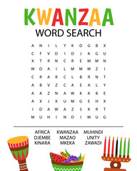 Kwanzaa activities for kids. Word search game. Find the hidden words. Logic games for children. Vector cartoon illustration.