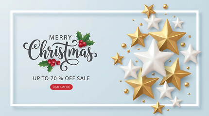 Merry christmas sale background Decorated with Gold and silver Stars.Vector illustration template.