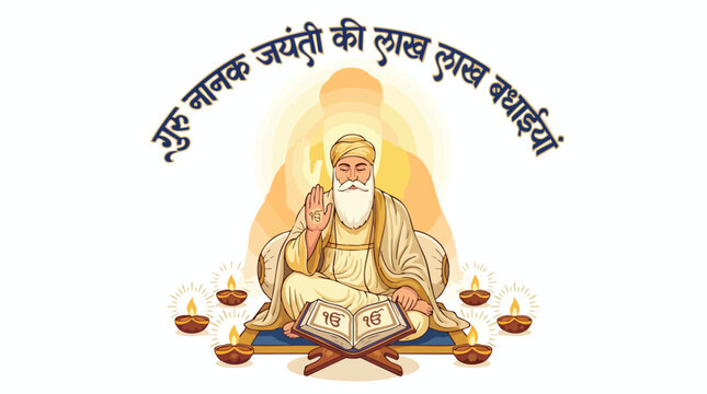 Happy Guru Nanak Jayanti Greeting with Sikh Guru Illustration.